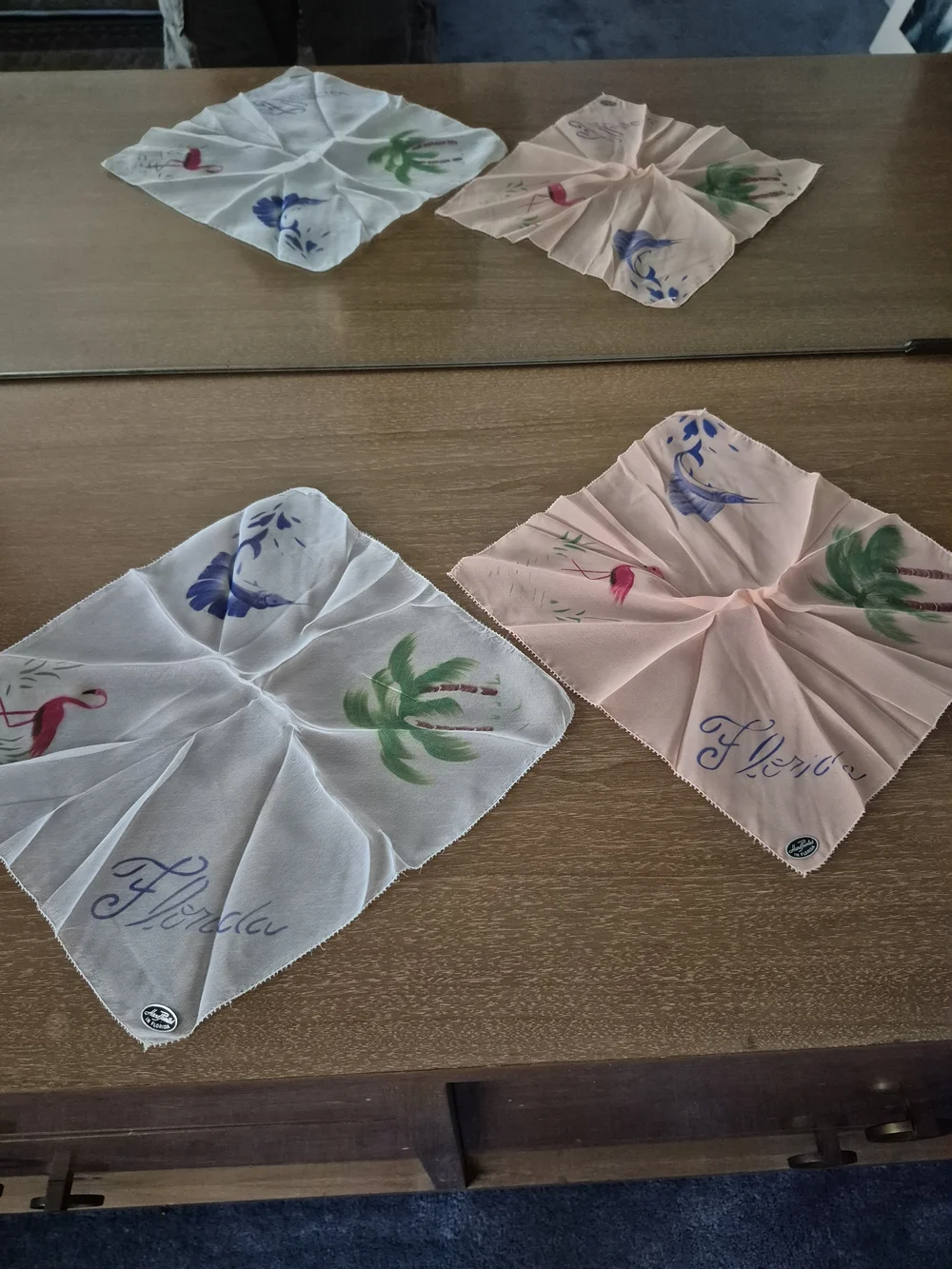 Vintage Hand Painted Florida Handkerchiefs Set - Chiffon Pink & White